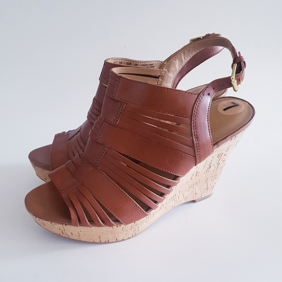 FRANCO SARTO Brown Leather Platform Cork Wedges - Picture 4 of 13